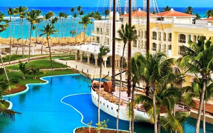 Aerial Shot of the Pool and Bar in the Shape of an Anchored Spanish Galleon