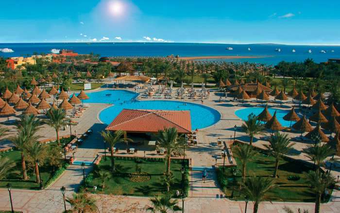 Aerial shot of pools and hotel grounds
