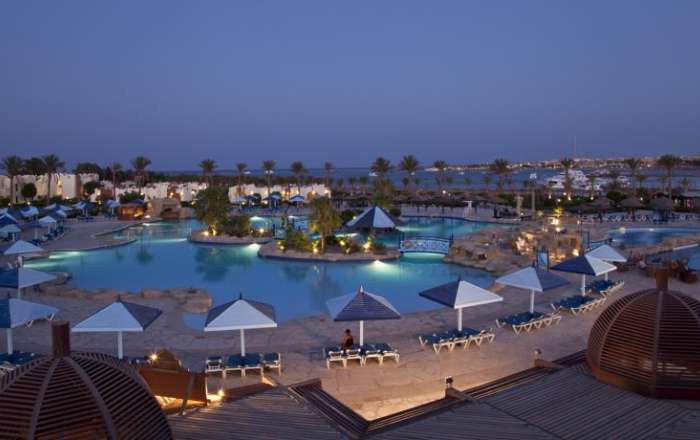 Aerial view of pools in the evening