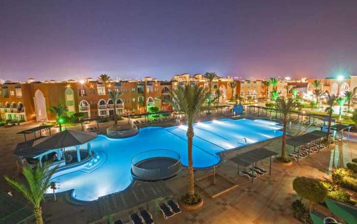 Aerial shot of pool area in the evening