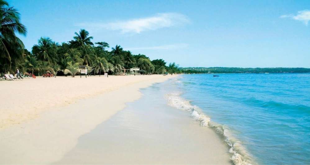 A beach in Jamaica surrounded by trees and sea.